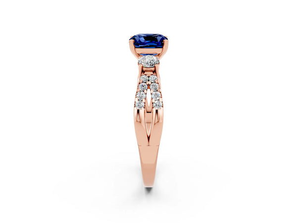 Rose gold Cushion Cut Blue Sapphire Three-Stone Ring with Pavé Split Shank and Four-Prong Setting