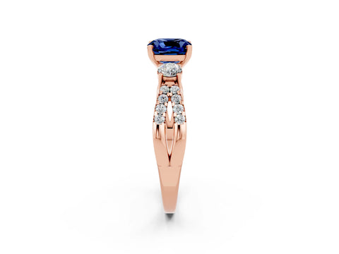 Rose gold Cushion Cut Blue Sapphire Three-Stone Ring with Pavé Split Shank and Four-Prong Setting_14