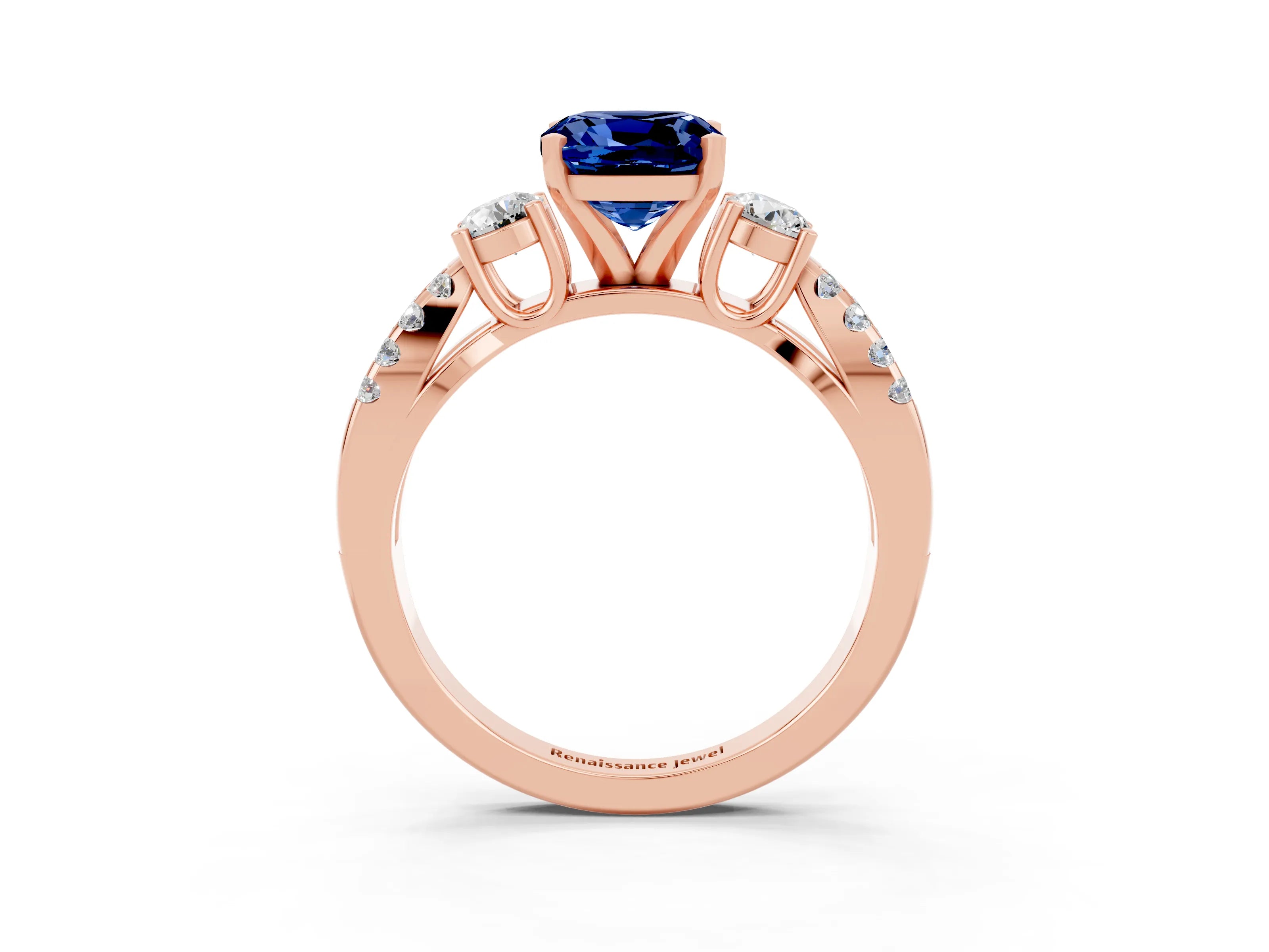 Rose gold Cushion Cut Blue Sapphire Three-Stone Ring with Pavé Split Shank and Four-Prong Setting_15