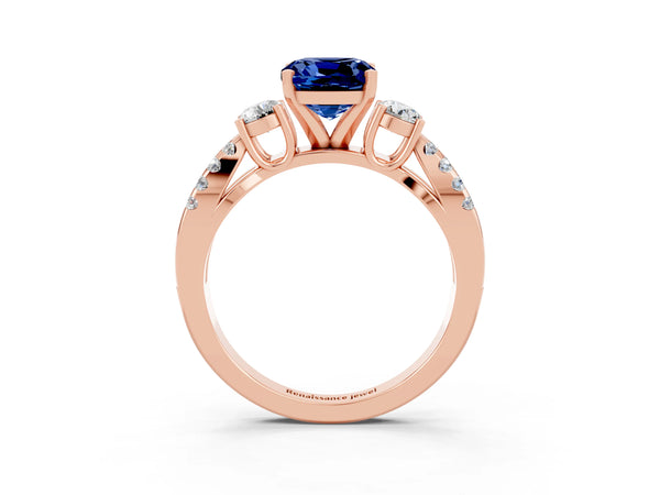 Rose gold Cushion Cut Blue Sapphire Three-Stone Ring with Pavé Split Shank and Four-Prong Setting