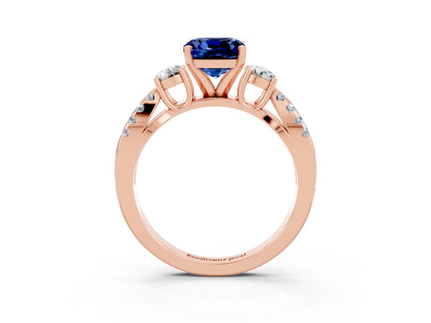 Rose gold Cushion Cut Blue Sapphire Three-Stone Ring with Pavé Split Shank and Four-Prong Setting_15