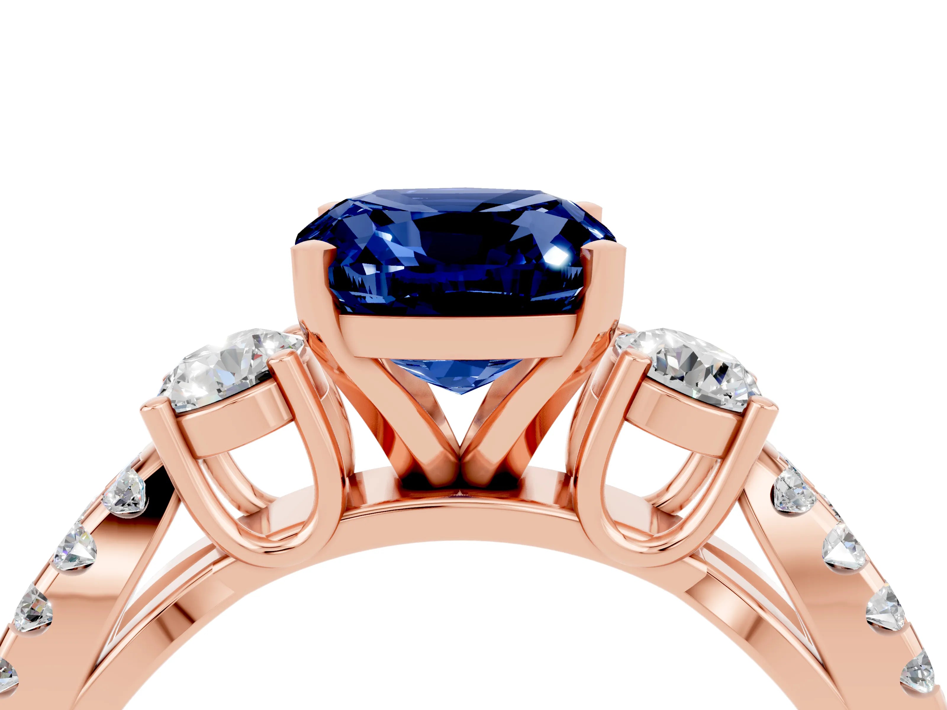 Rose gold Cushion Cut Blue Sapphire Three-Stone Ring with Pavé Split Shank and Four-Prong Setting_16