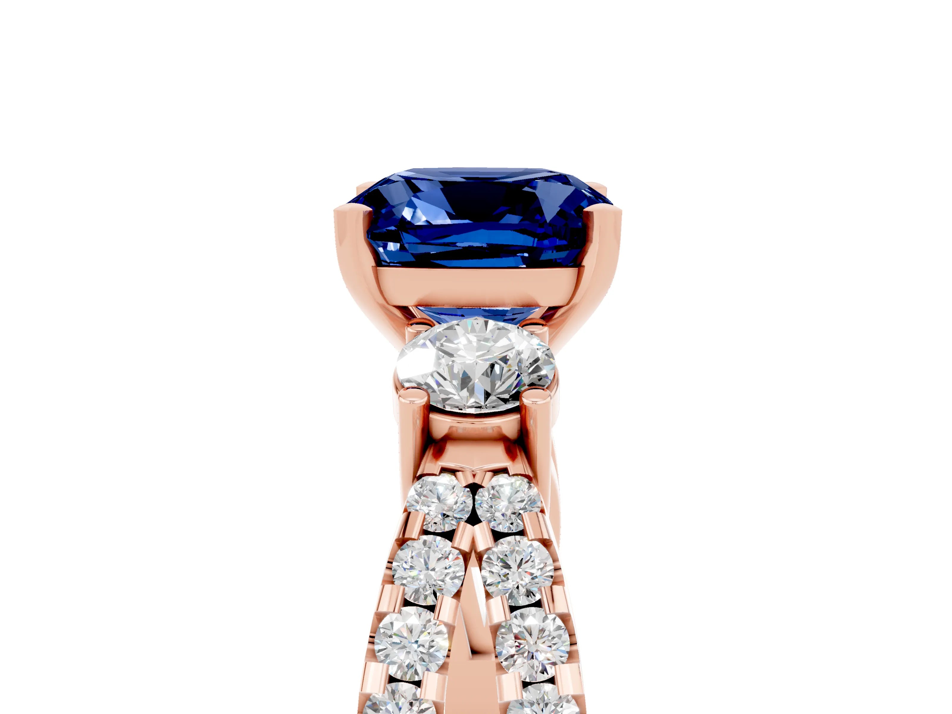 Rose gold Cushion Cut Blue Sapphire Three-Stone Ring with Pavé Split Shank and Four-Prong Setting_17
