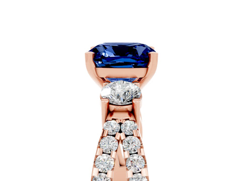 Rose gold Cushion Cut Blue Sapphire Three-Stone Ring with Pavé Split Shank and Four-Prong Setting_17