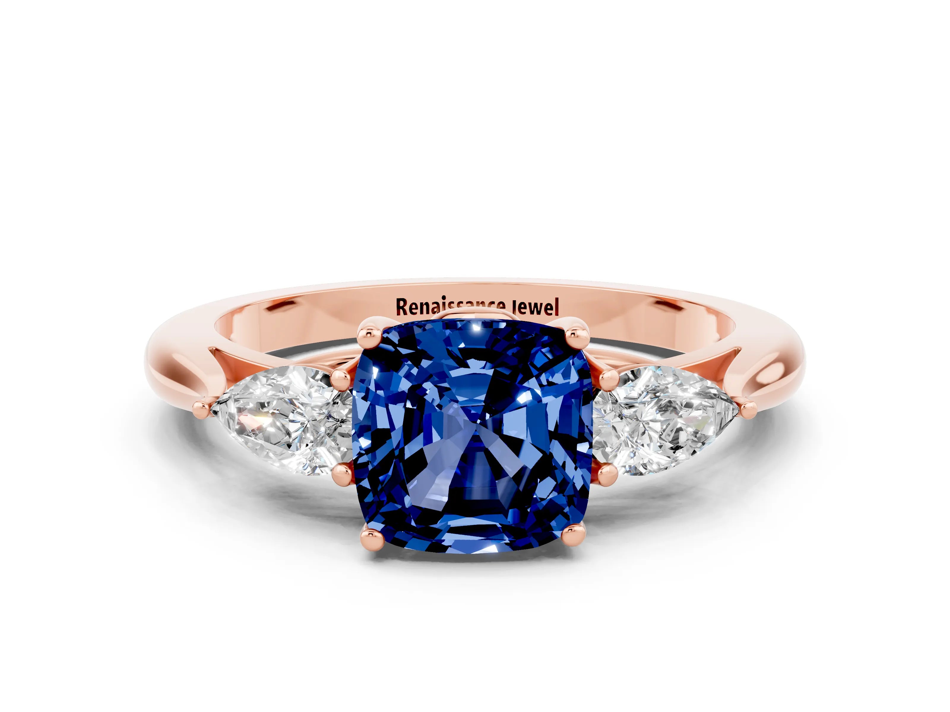 Rose gold Cushion Cut Blue Sapphire Three-Stone Ring with Pear Side Stones and Four-Prong Setting_12