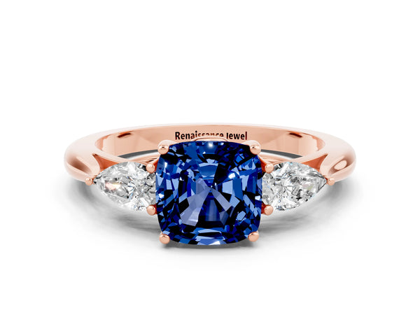 Rose gold Cushion Cut Blue Sapphire Three-Stone Ring with Pear  Side Stones and Prong Setting