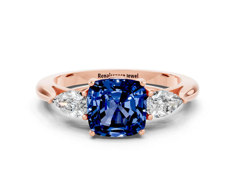 Rose gold Cushion Cut Blue Sapphire Three-Stone Ring with Pear Side Stones and Four-Prong Setting_12