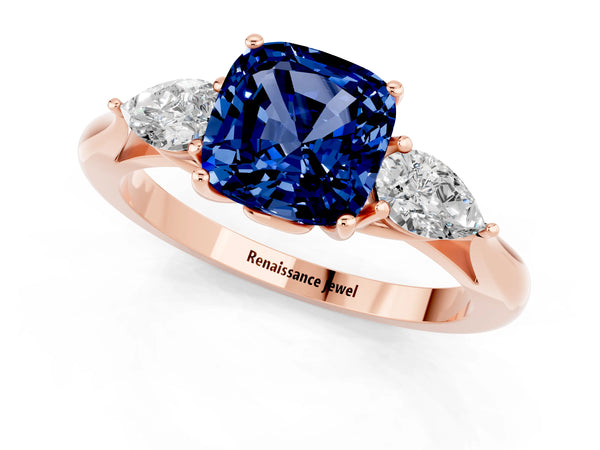 Rose gold Cushion Cut Blue Sapphire Three-Stone Ring with Pear  Side Stones and Prong Setting