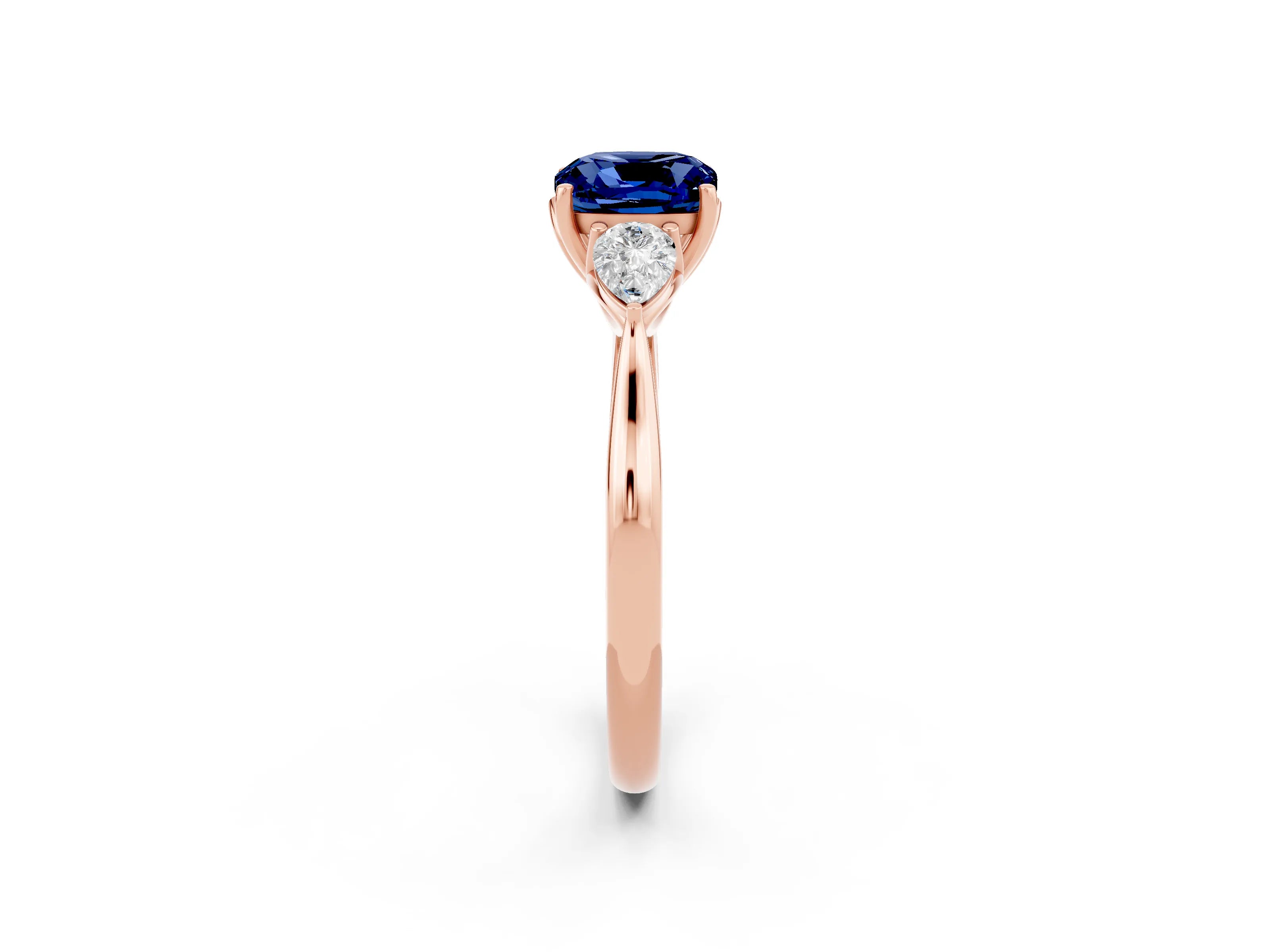 Rose gold Cushion Cut Blue Sapphire Three-Stone Ring with Pear Side Stones and Four-Prong Setting_14
