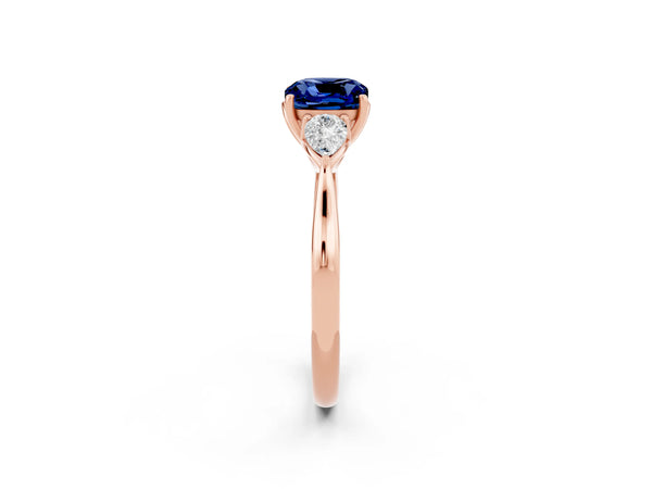 Rose gold Cushion Cut Blue Sapphire Three-Stone Ring with Pear  Side Stones and Prong Setting