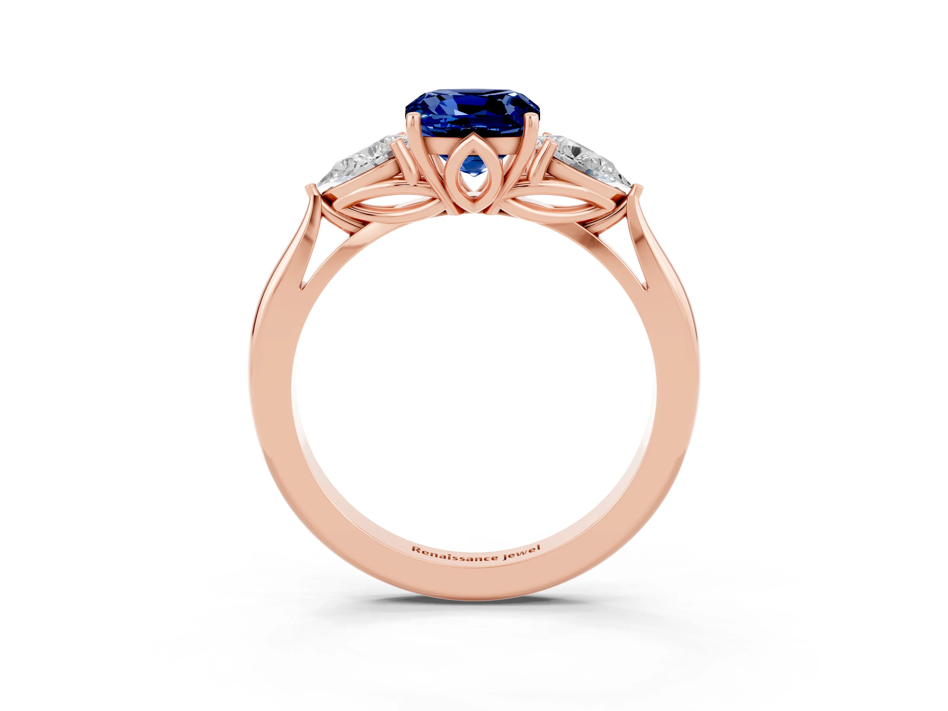 Rose gold Cushion Cut Blue Sapphire Three-Stone Ring with Pear Side Stones and Four-Prong Setting_15