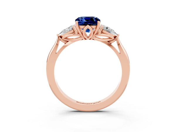 Rose gold Cushion Cut Blue Sapphire Three-Stone Ring with Pear  Side Stones and Prong Setting