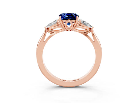 Rose gold Cushion Cut Blue Sapphire Three-Stone Ring with Pear Side Stones and Four-Prong Setting_15