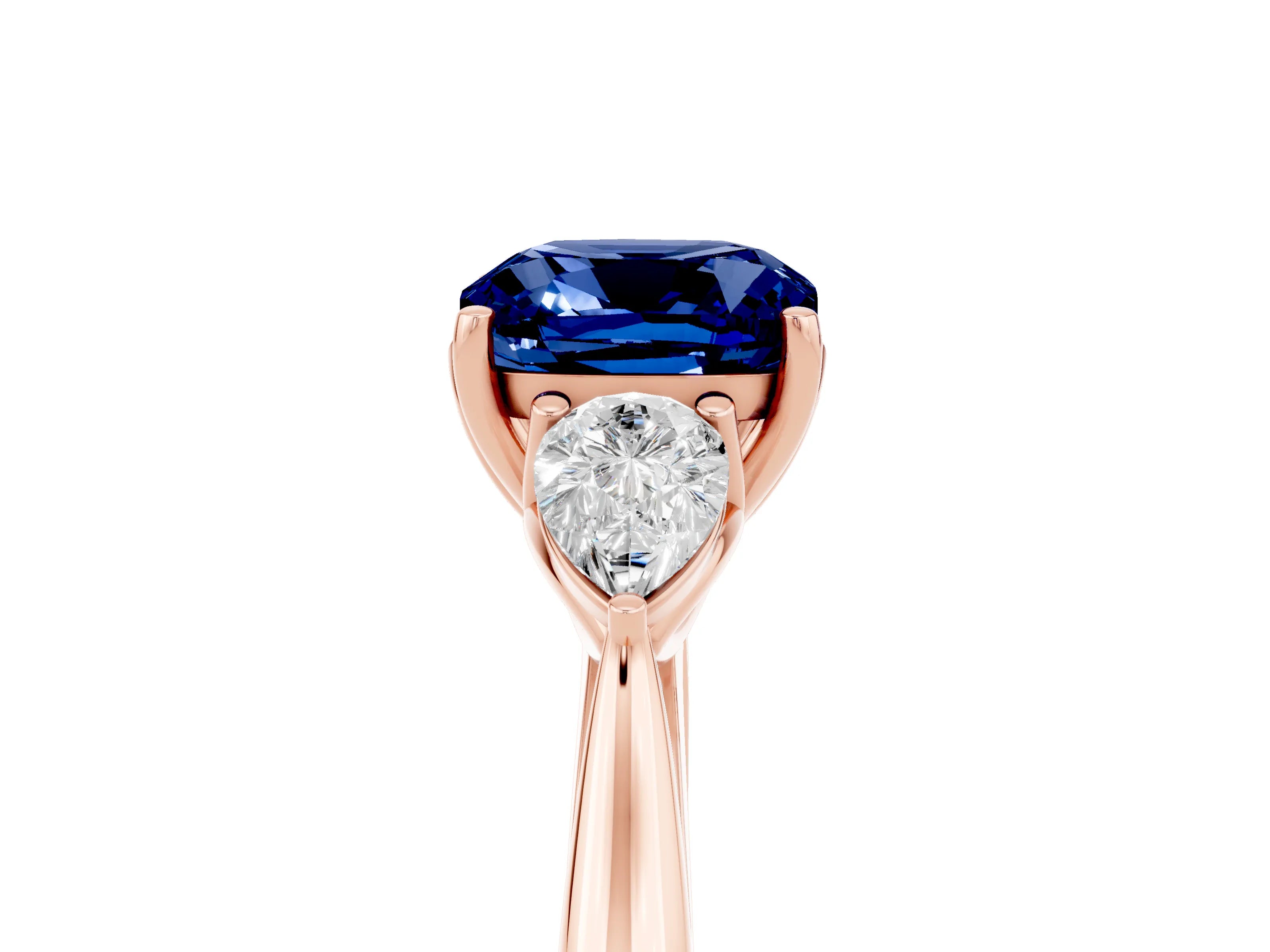 Rose gold Cushion Cut Blue Sapphire Three-Stone Ring with Pear Side Stones and Four-Prong Setting_17