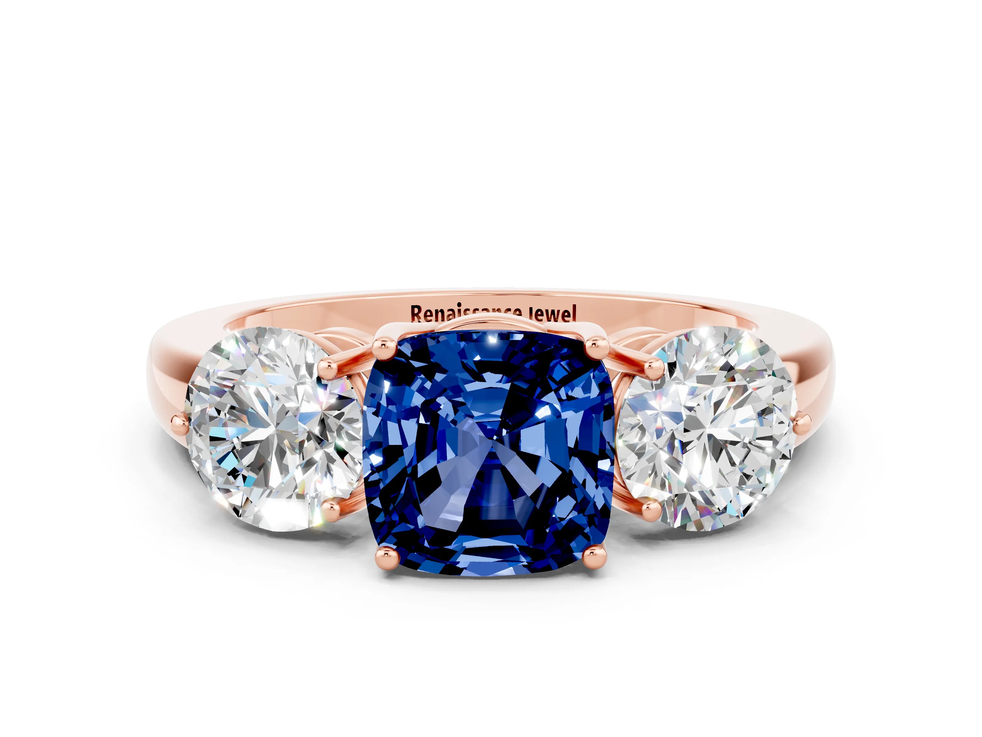 Rose gold Cushion Cut Blue Sapphire Three-Stone Ring with Prong Setting and Classic Band
