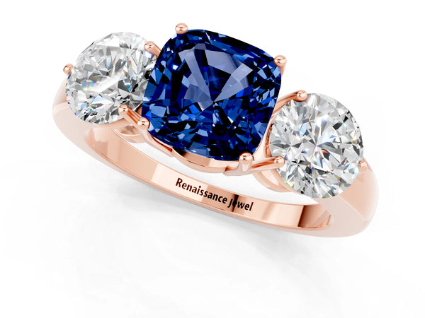 Rose gold Cushion Cut Blue Sapphire Three-Stone Ring with Prong Setting and Classic Band
