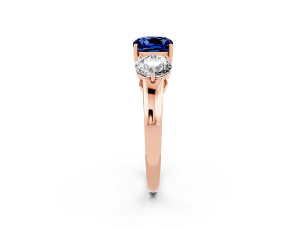 Rose gold Cushion Cut Blue Sapphire Three-Stone Ring with Prong Setting and Classic Band