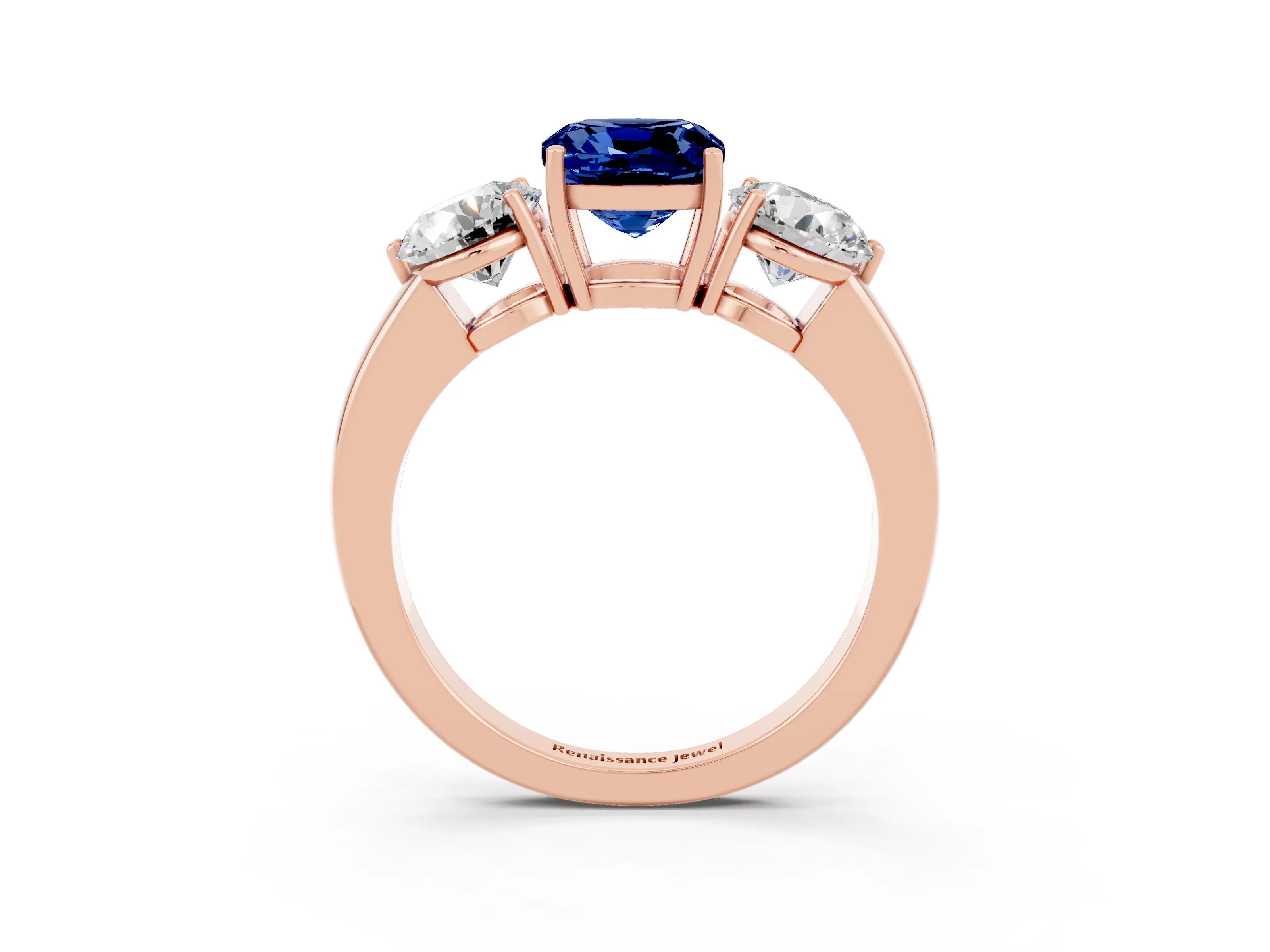 Rose gold Cushion Cut Blue Sapphire Three-Stone Ring with Prong Setting and Classic Band_3