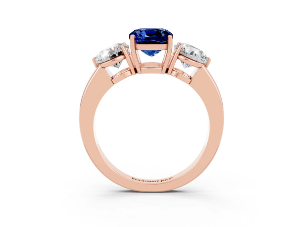 Rose gold Cushion Cut Blue Sapphire Three-Stone Ring with Prong Setting and Classic Band