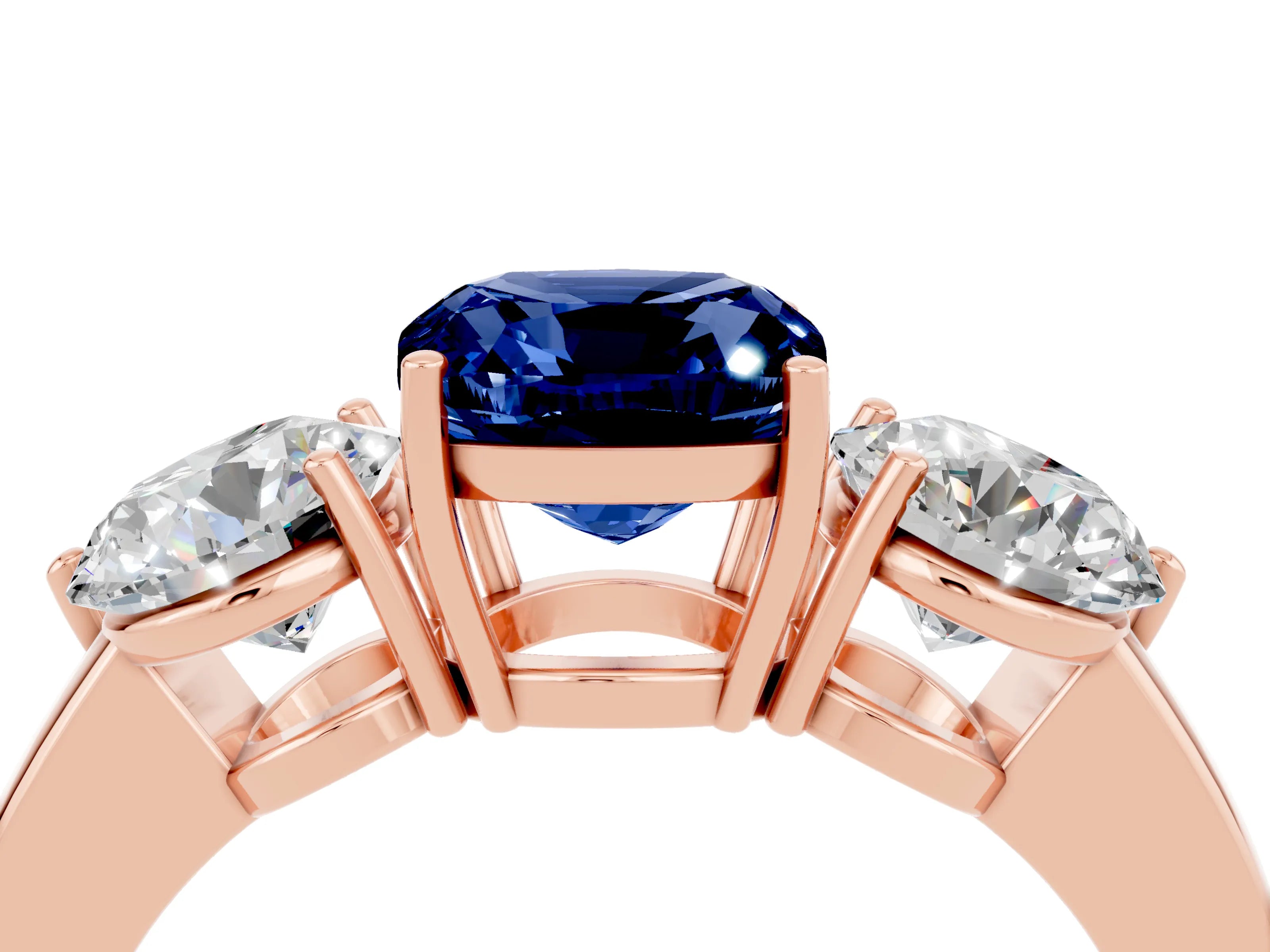 Rose gold Cushion Cut Blue Sapphire Three-Stone Ring with Prong Setting and Classic Band_4