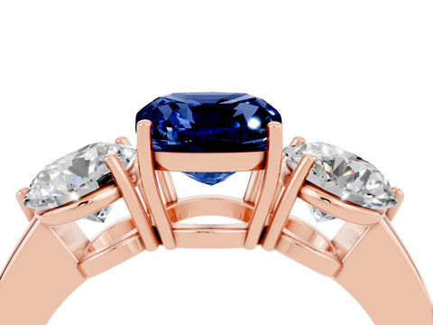 Rose gold Cushion Cut Blue Sapphire Three-Stone Ring with Prong Setting and Classic Band_4