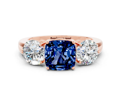 Rose gold Cushion Cut Blue Sapphire Three-Stone Ring with Prong Setting and Classic Band