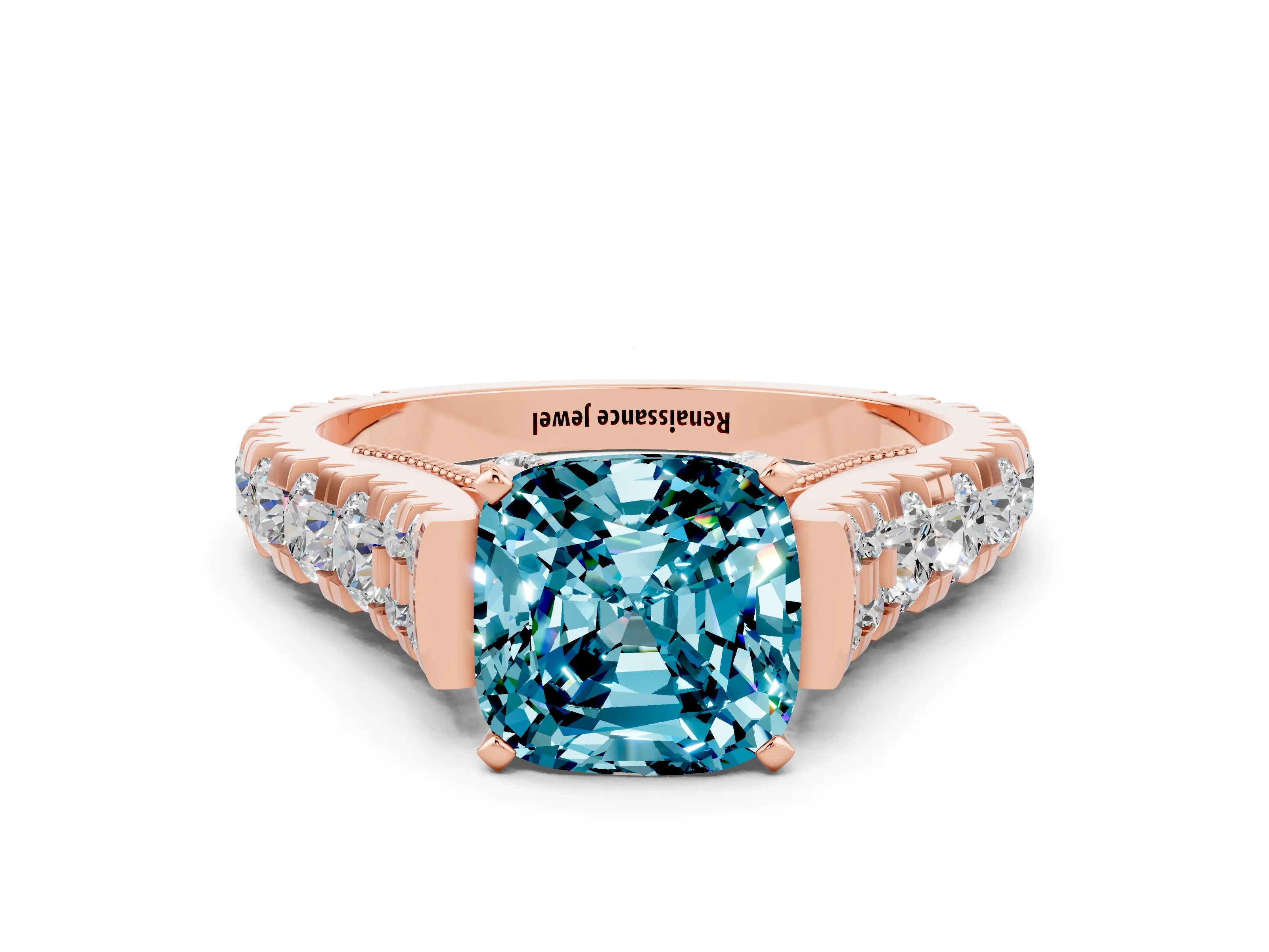 Rose gold Cushion Cut Blue Topaz Classic Solitaire Ring with Pavé Band and Four-Prong Setting