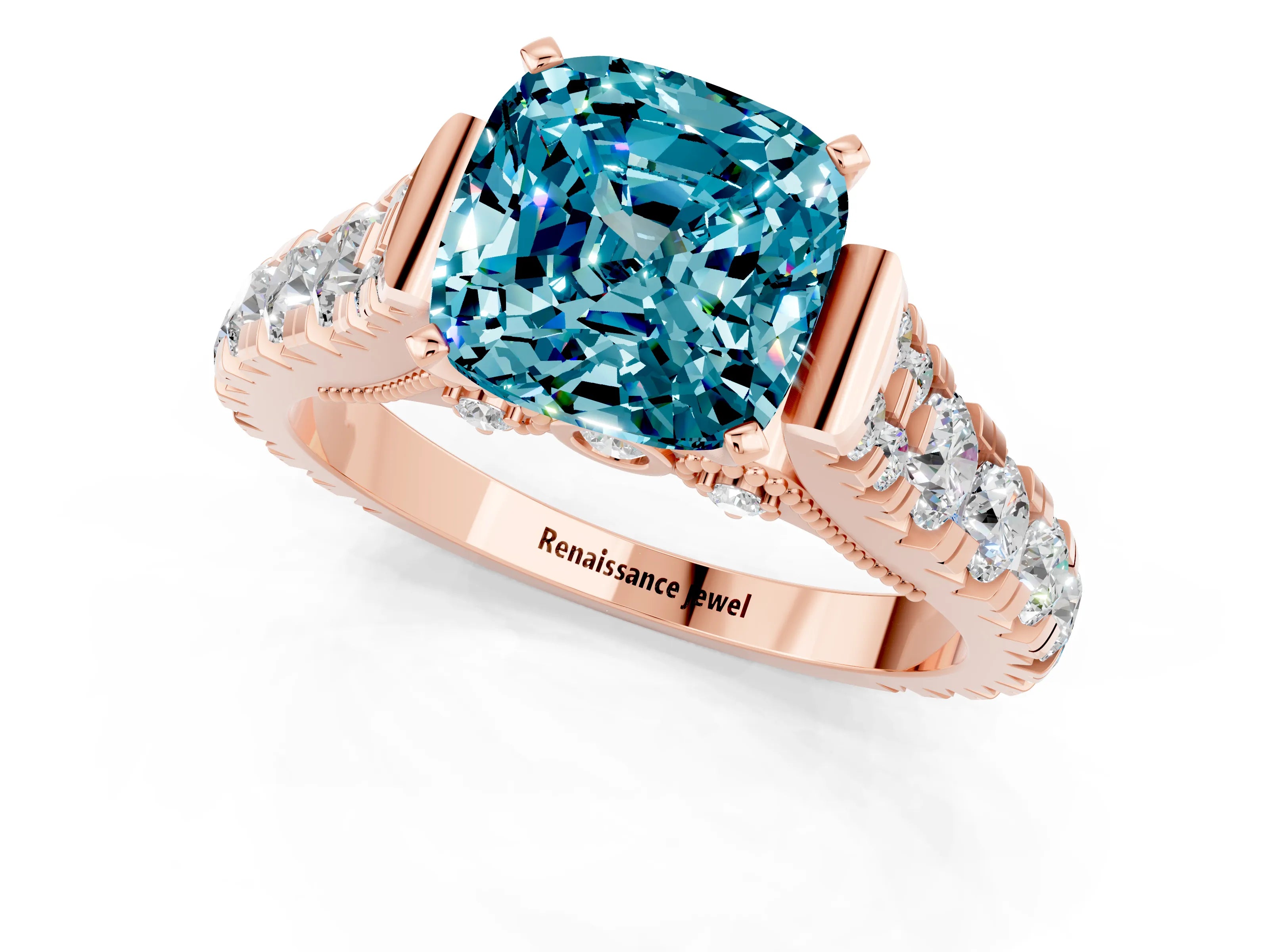 Rose gold Cushion Cut Blue Topaz Classic Solitaire Ring with Pavé Band and Four-Prong Setting_1