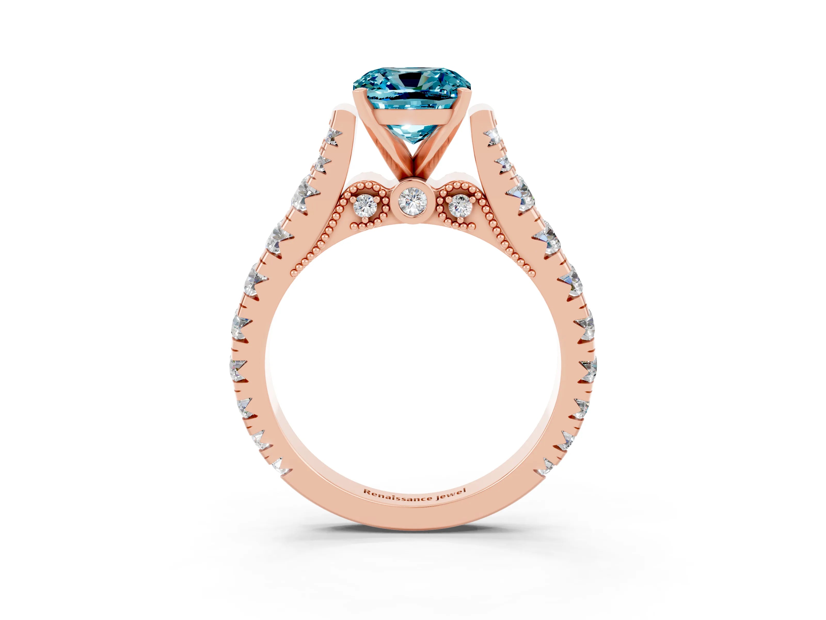 Rose gold Cushion Cut Blue Topaz Classic Solitaire Ring with Pavé Band and Four-Prong Setting_3