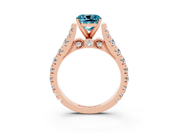 Rose gold Cushion Cut Blue Topaz Classic Solitaire Ring with Pavé Band and Four-Prong Setting
