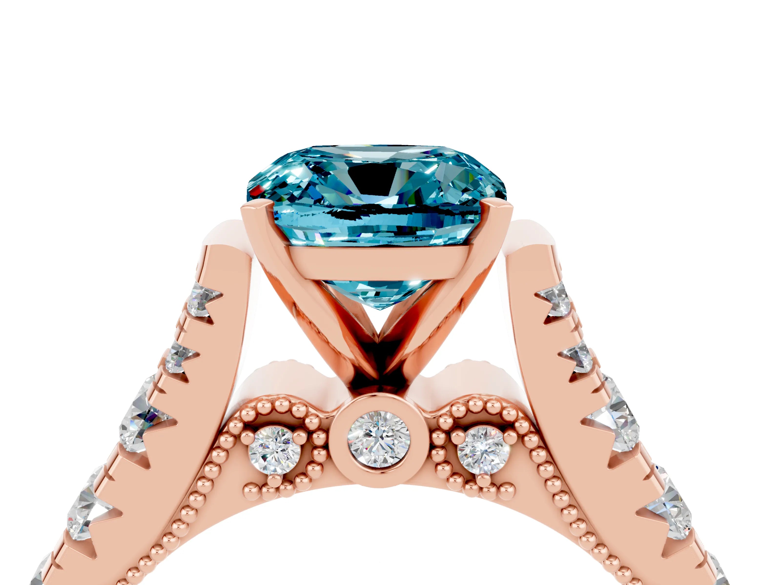 Rose gold Cushion Cut Blue Topaz Classic Solitaire Ring with Pavé Band and Four-Prong Setting_4
