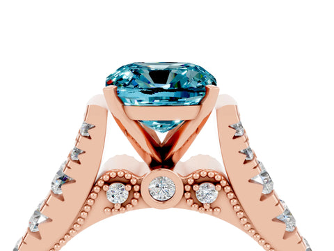 Rose gold Cushion Cut Blue Topaz Classic Solitaire Ring with Pavé Band and Four-Prong Setting_4