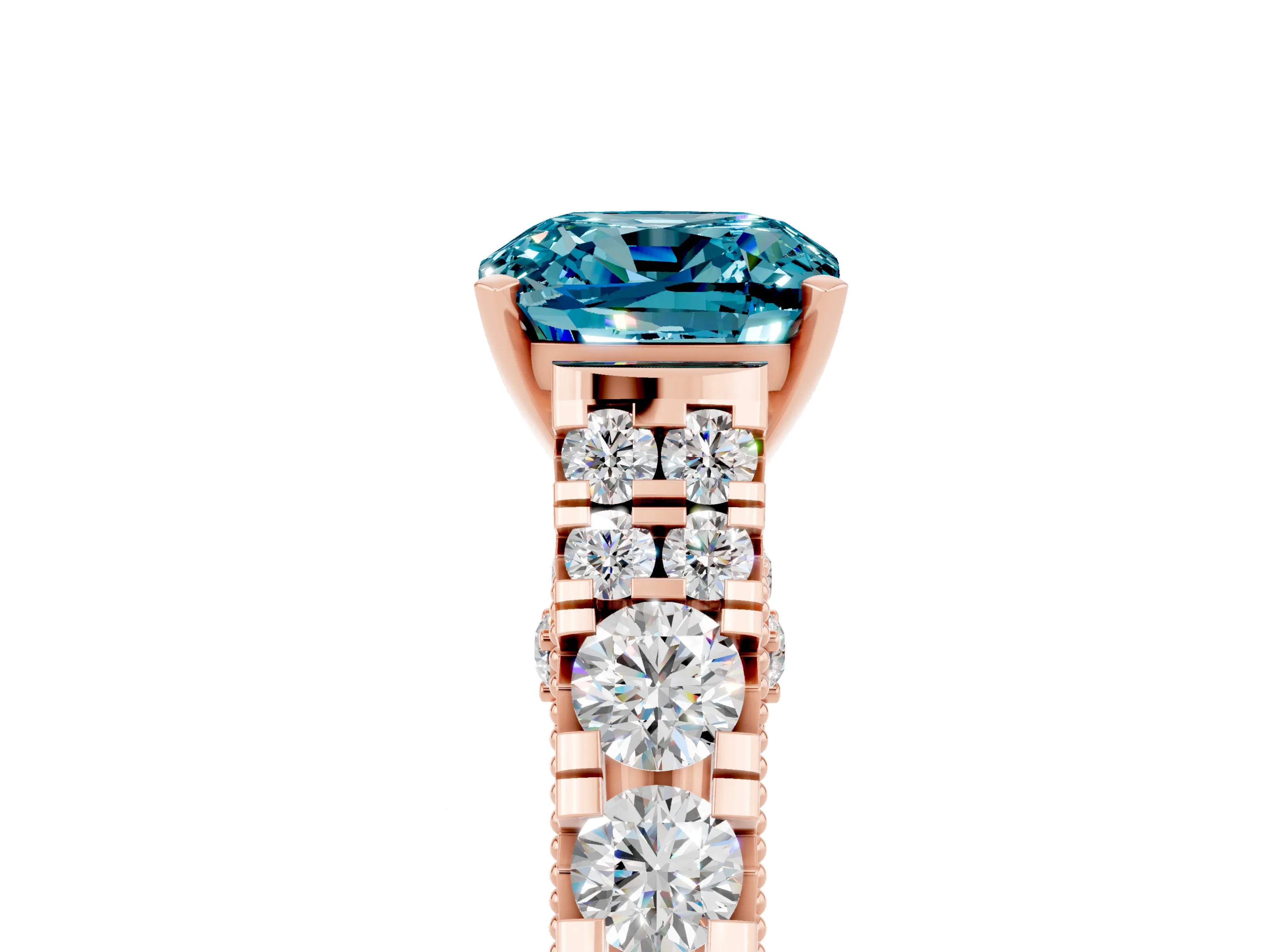 Rose gold Cushion Cut Blue Topaz Classic Solitaire Ring with Pavé Band and Four-Prong Setting_5