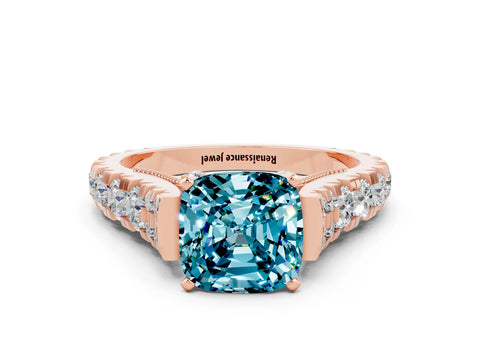 Rose gold Cushion Cut Blue Topaz Classic Solitaire Ring with Pavé Band and Four-Prong Setting