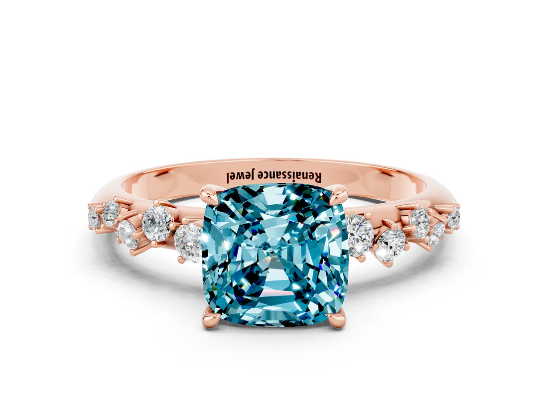 Rose gold Cushion Cut Blue Topaz Cluster Side Stone Solitaire Ring with Prong Setting_24