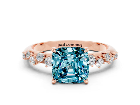 Rose gold Cushion Cut Blue Topaz Cluster Side Stone Solitaire Ring with Prong Setting_24
