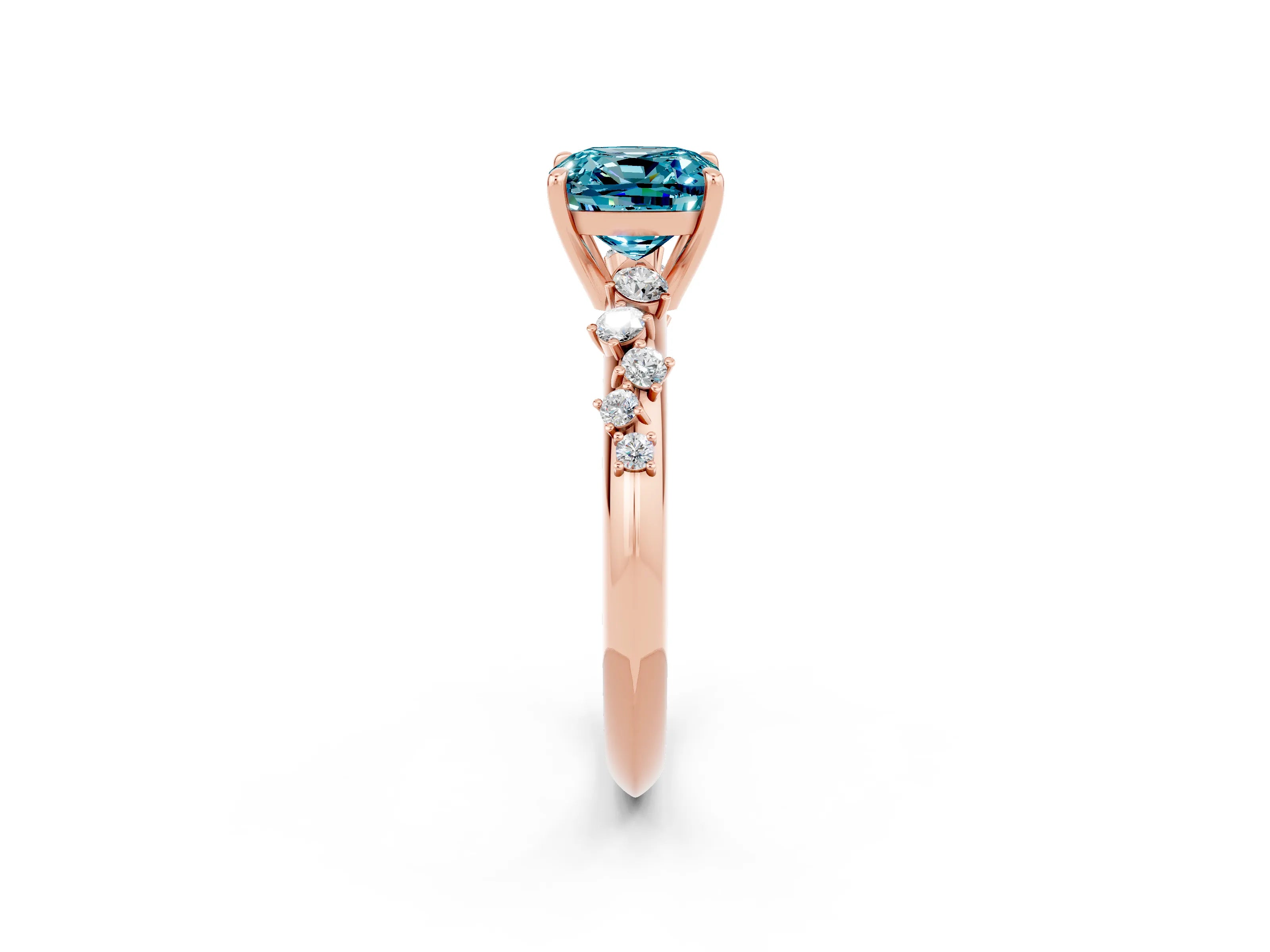 Rose gold Cushion Cut Blue Topaz Cluster Side Stone Solitaire Ring with Prong Setting_26