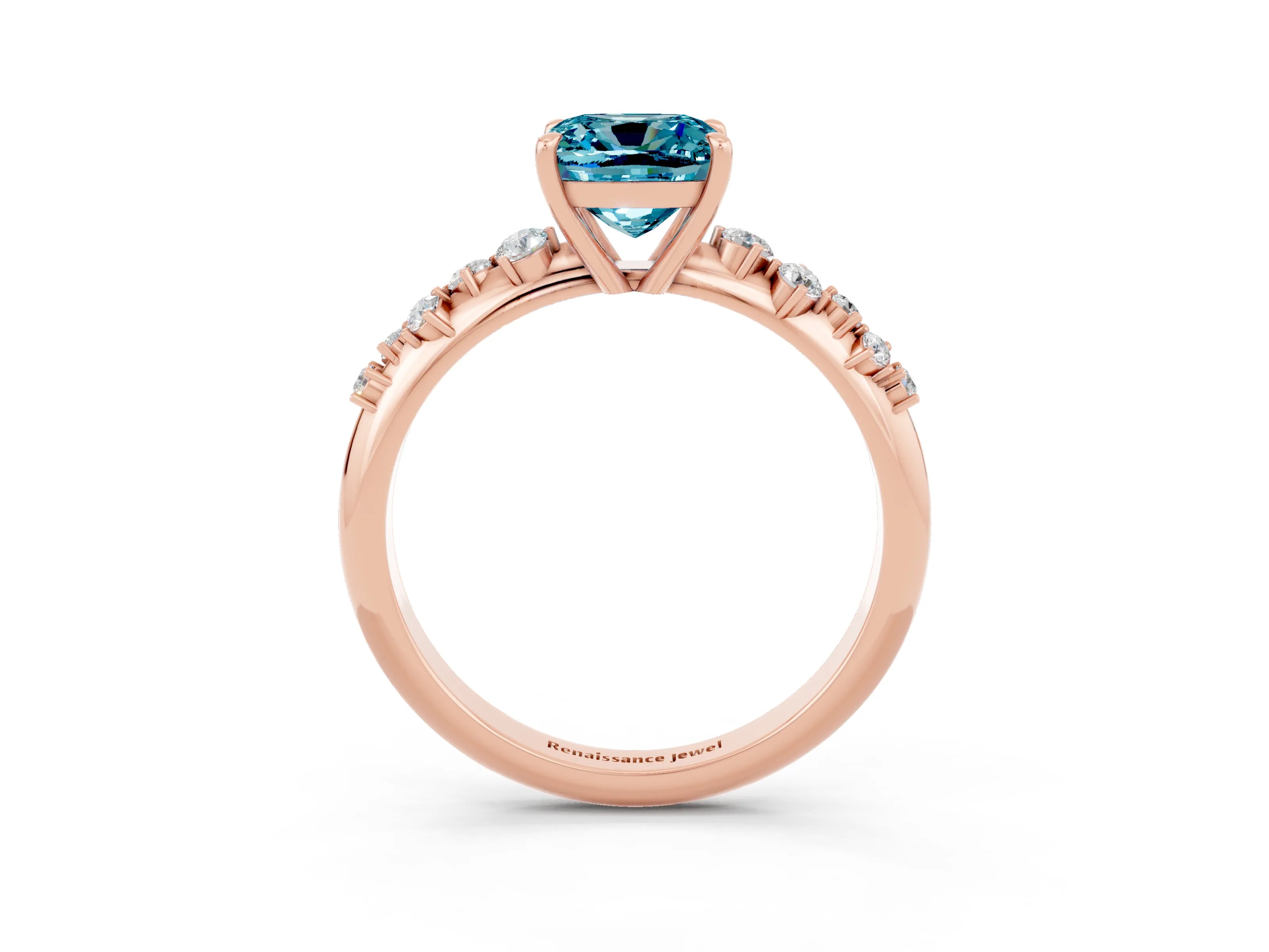 Rose gold Cushion Cut Blue Topaz Cluster Side Stone Solitaire Ring with Prong Setting_27