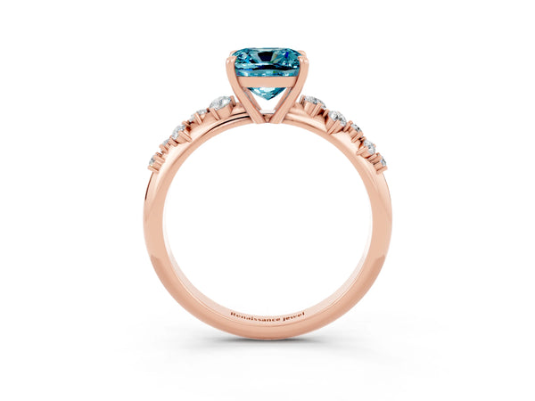 Rose Gold Cushion Cut Blue Topaz Graduated Cluster Solitaire Engagement Ring with Open Basket