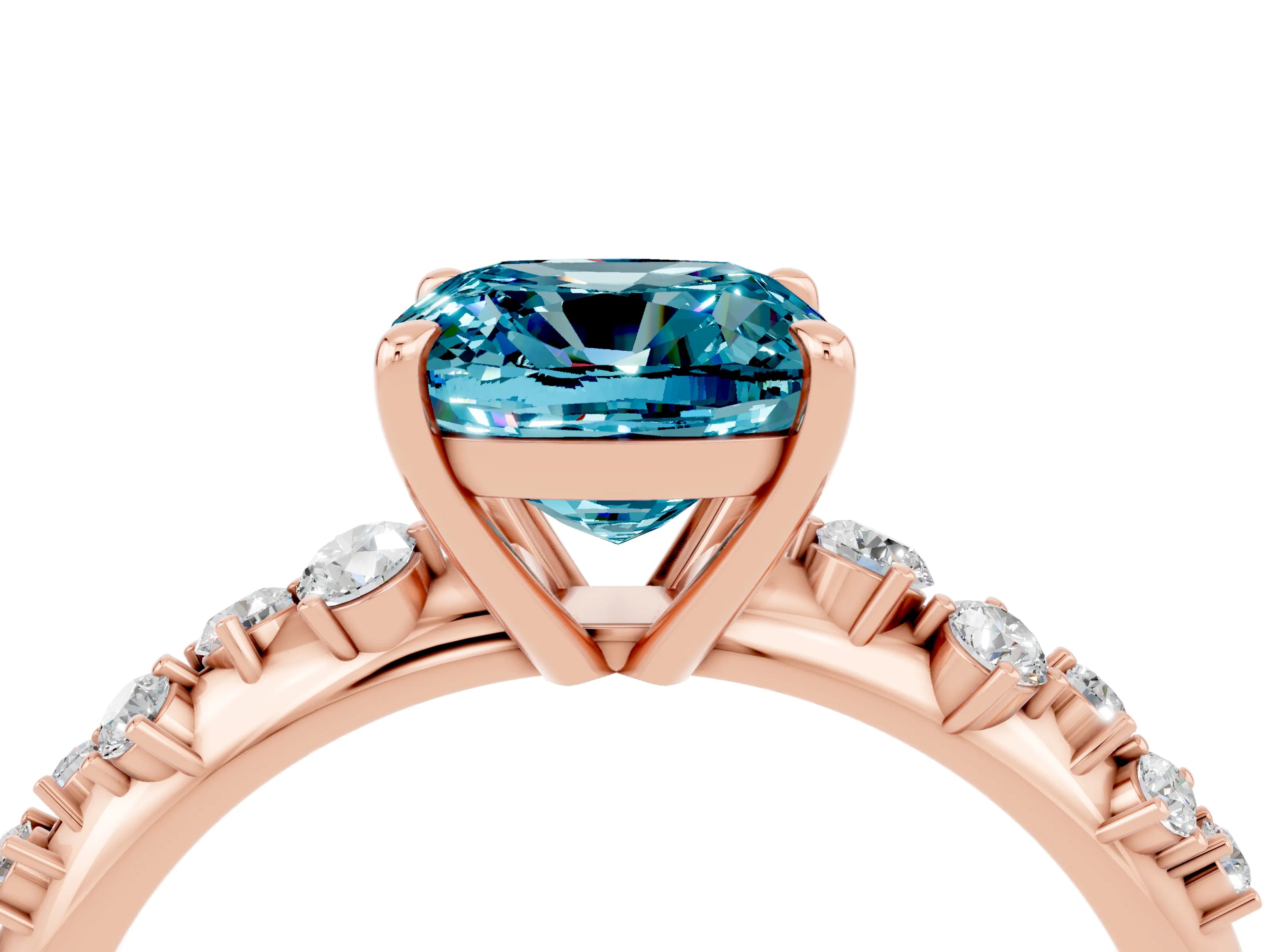 Rose gold Cushion Cut Blue Topaz Cluster Side Stone Solitaire Ring with Prong Setting_28