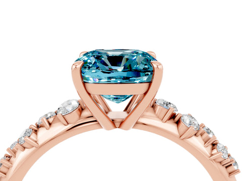 Rose gold Cushion Cut Blue Topaz Cluster Side Stone Solitaire Ring with Prong Setting_28