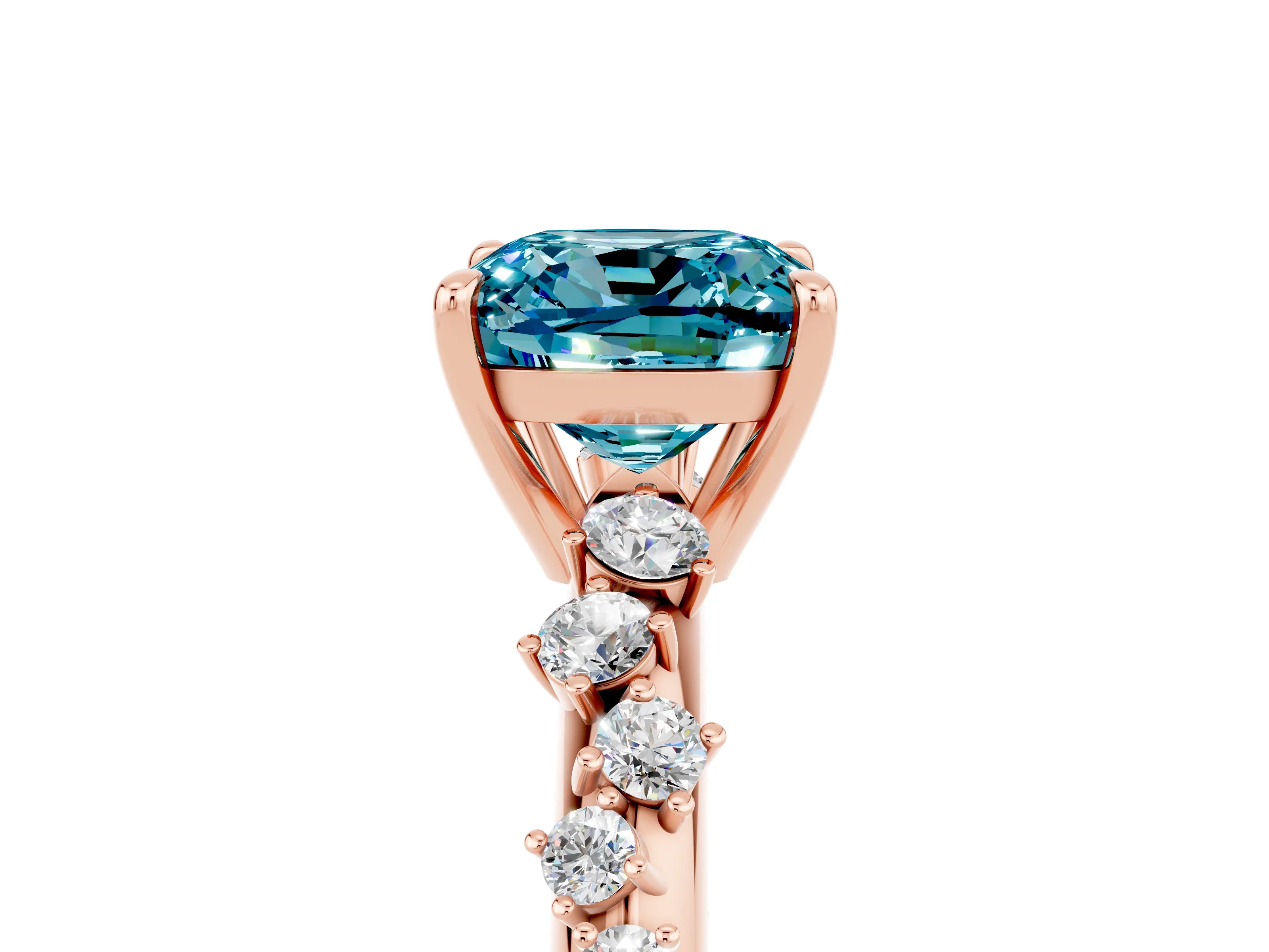 Rose gold Cushion Cut Blue Topaz Cluster Side Stone Solitaire Ring with Prong Setting_29