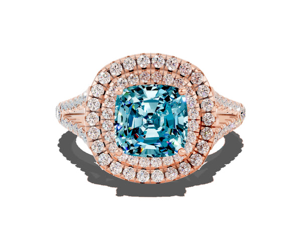 Rose gold Cushion Cut Blue Topaz Double Halo Ring with Pavé Band and Prong Setting
