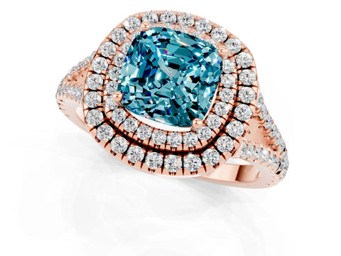 Rose gold Cushion Cut Blue Topaz Double Halo Ring with Pavé Band and Prong Setting_13