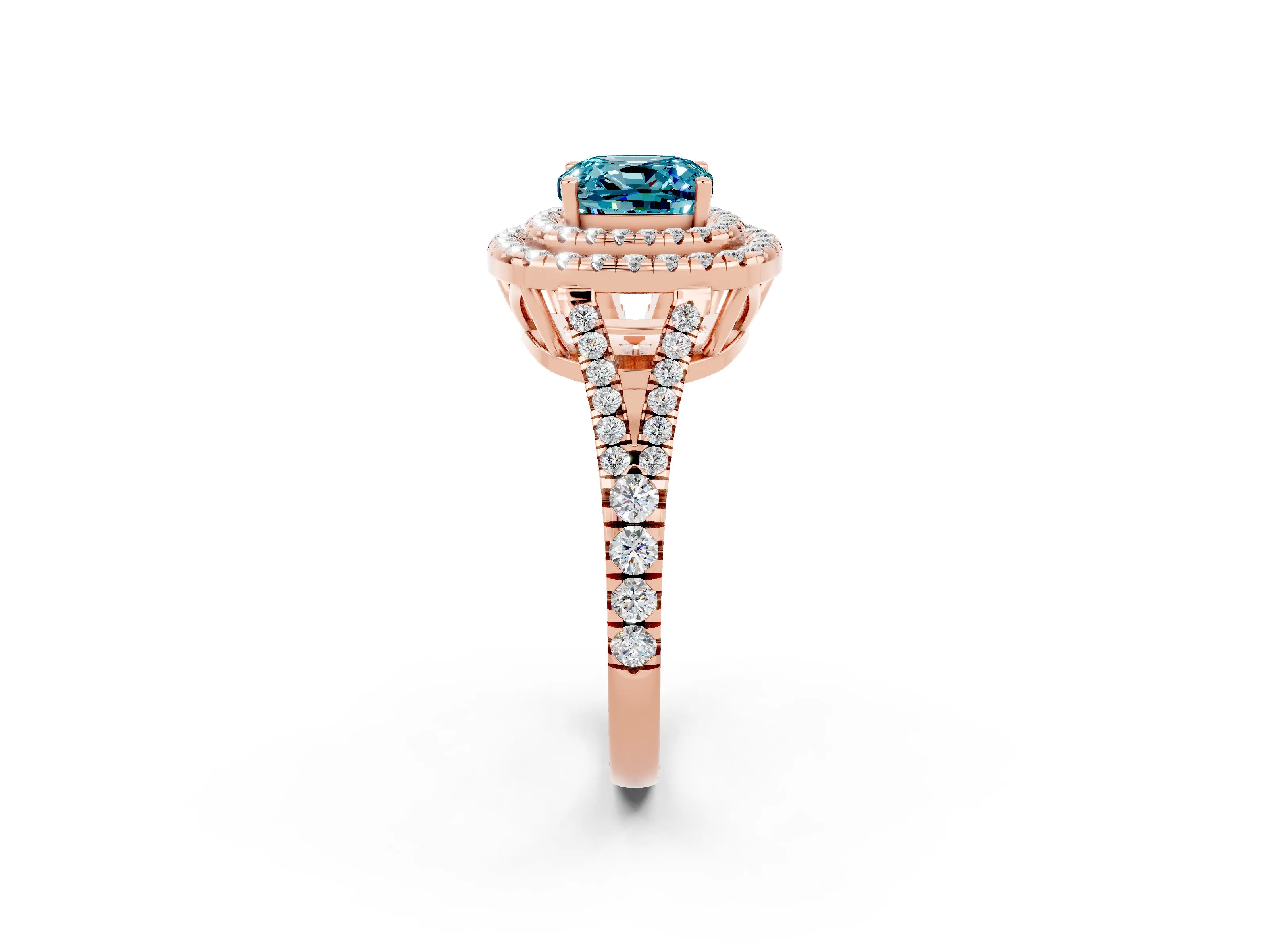 Rose gold Cushion Cut Blue Topaz Double Halo Ring with Pavé Band and Prong Setting_14