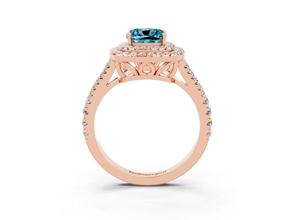 Rose gold Cushion Cut Blue Topaz Double Halo Ring with Pavé Band and Prong Setting