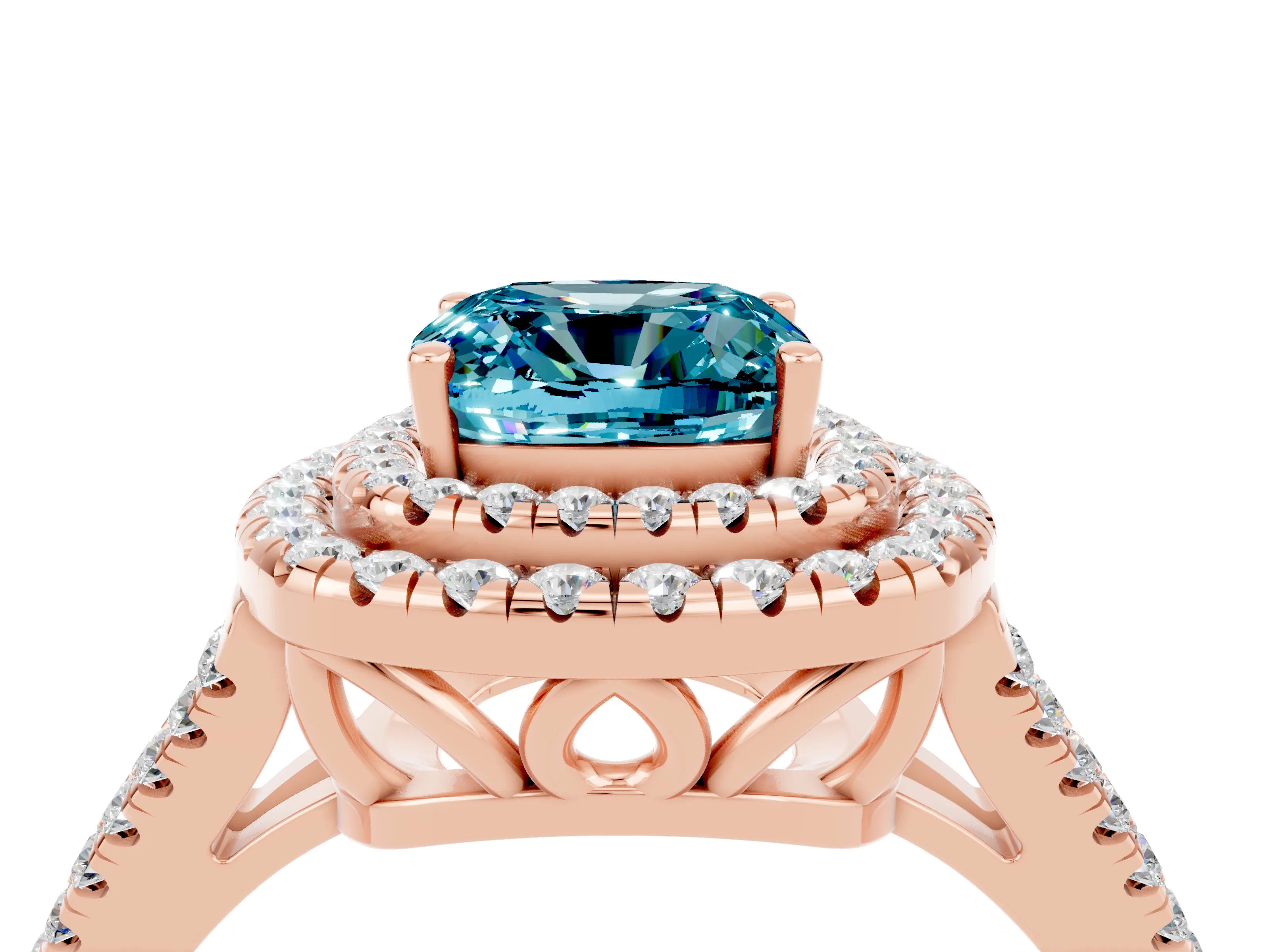 Rose gold Cushion Cut Blue Topaz Double Halo Ring with Pavé Band and Prong Setting_16