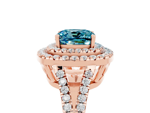 Rose gold Cushion Cut Blue Topaz Double Halo Ring with Pavé Band and Prong Setting_17