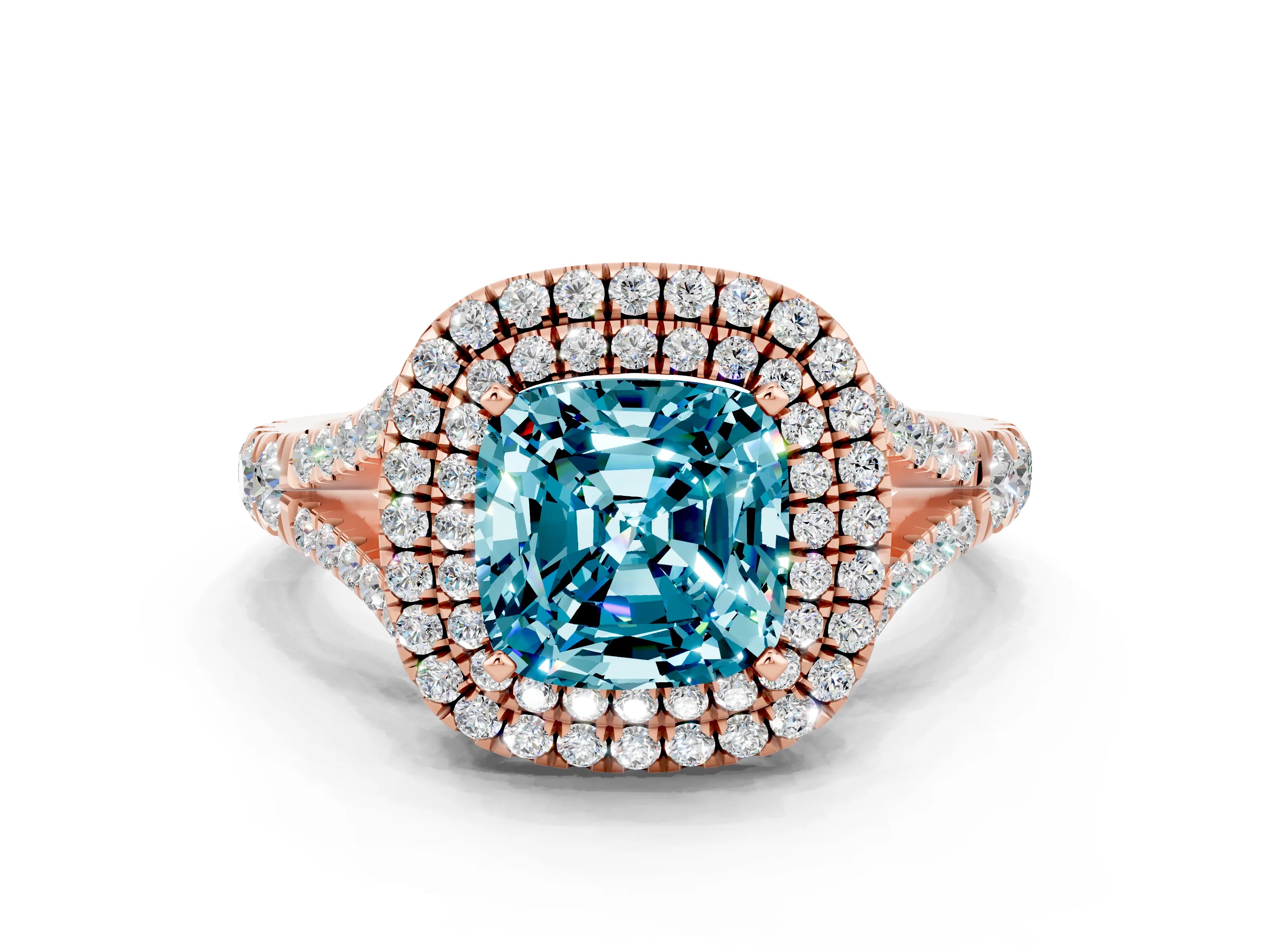 Rose gold Cushion Cut Blue Topaz Double Halo Ring with Split Shank and Prong Setting_12