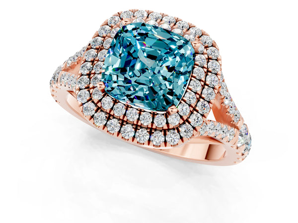 Rose gold Cushion Cut Blue Topaz Double Halo Ring with Split Shank and Prong Setting
